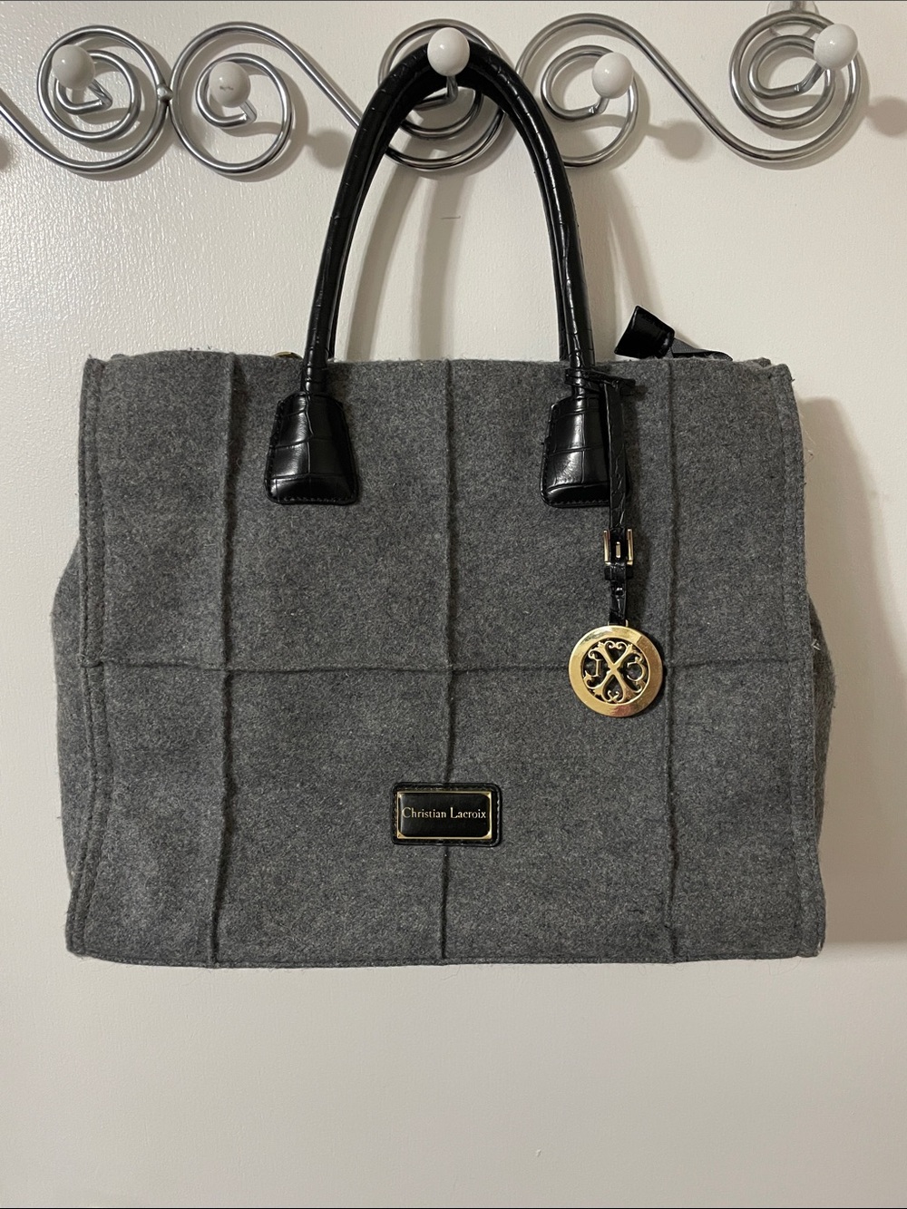 Christian Lacroix Grey Wool Blend Zipper Tote
